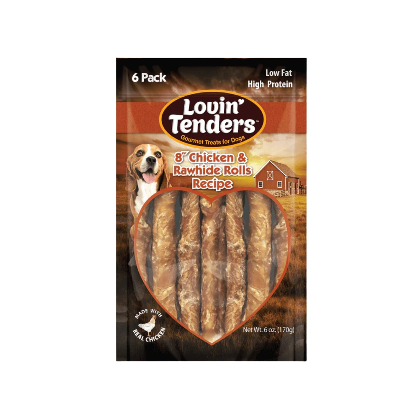 Lovin' Tenders 8" Chicken & Rawhide Rolls Dog Treat 6-Pack