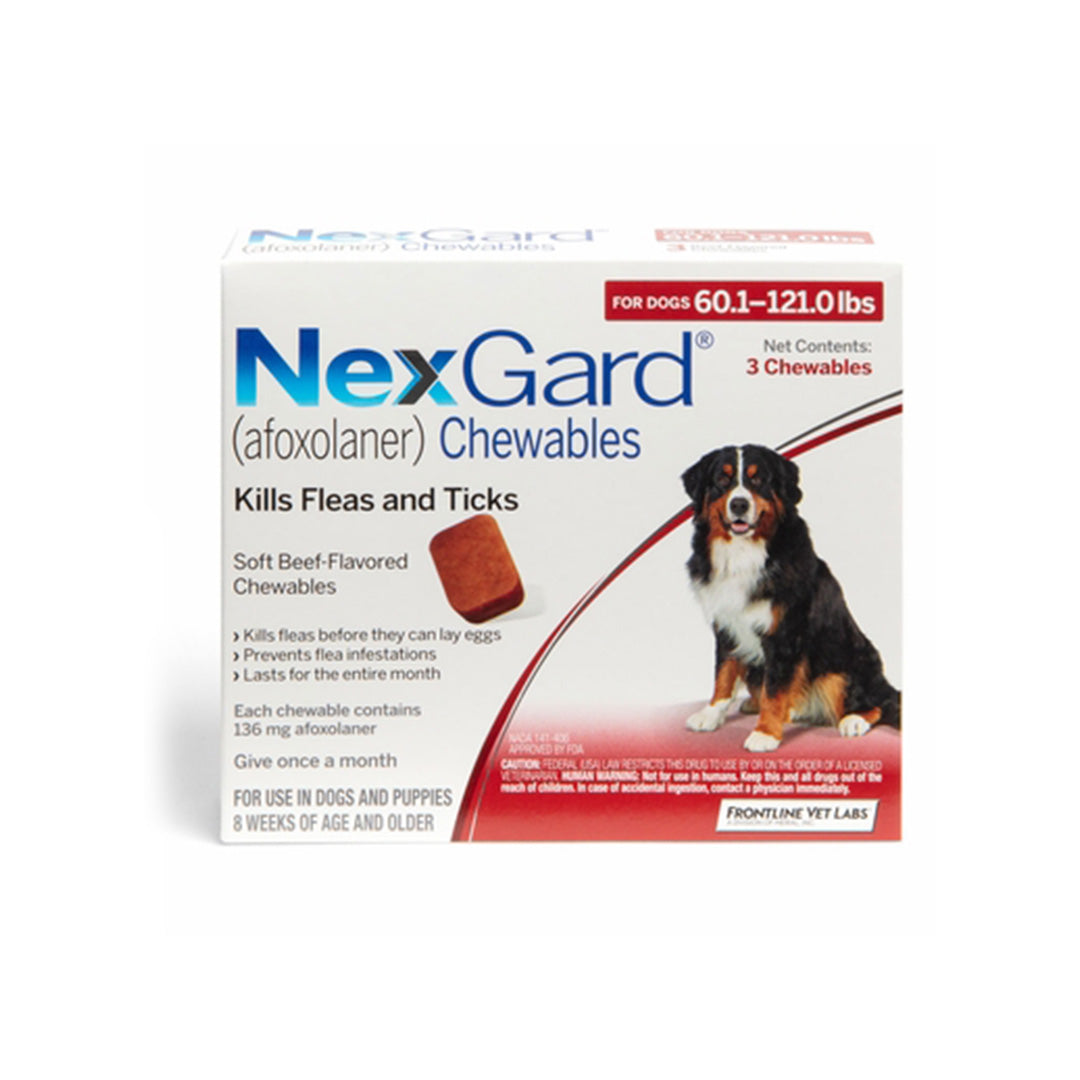 NexGard Chewables for Dogs, 60.1-121 lbs, 3 Chewable Tablets