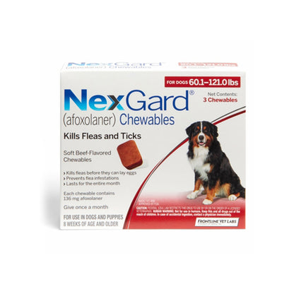 NexGard Chewables for Dogs, 60.1-121 lbs, 3 Chewable Tablets