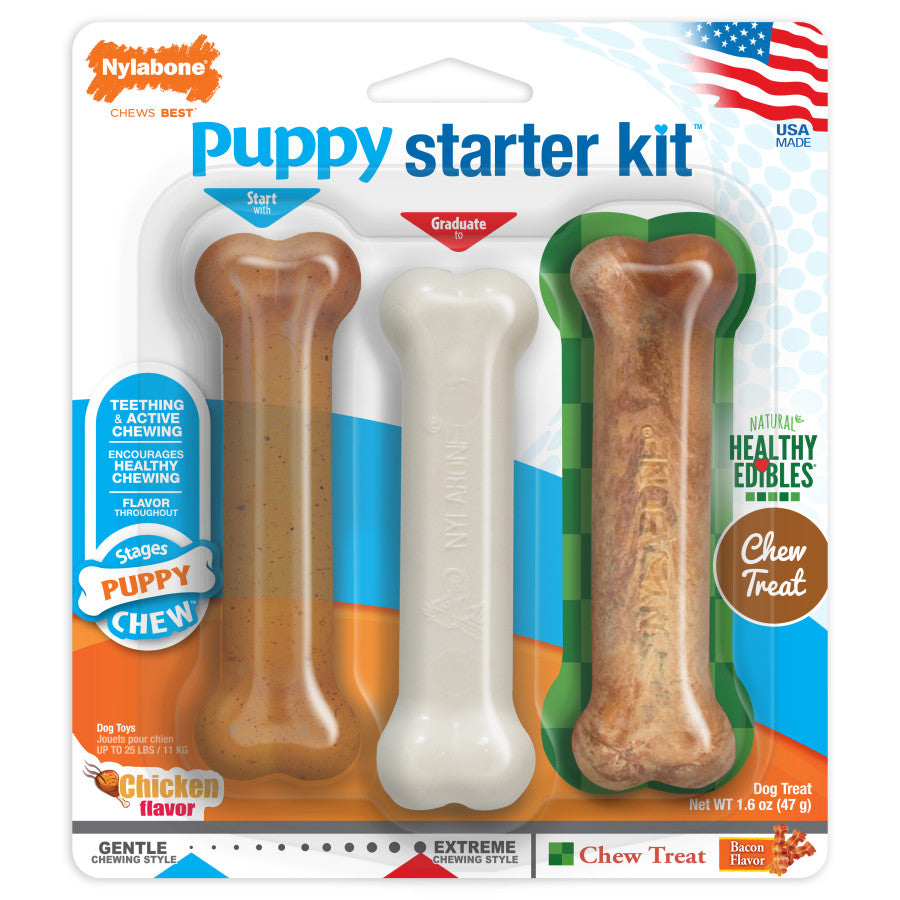 Nylabone Puppy Starter Kit Dog Chew Toys & Treat Chicken & Bacon, 1ea/SMall/Regular - Up To 25 Ibs. (3 ct)